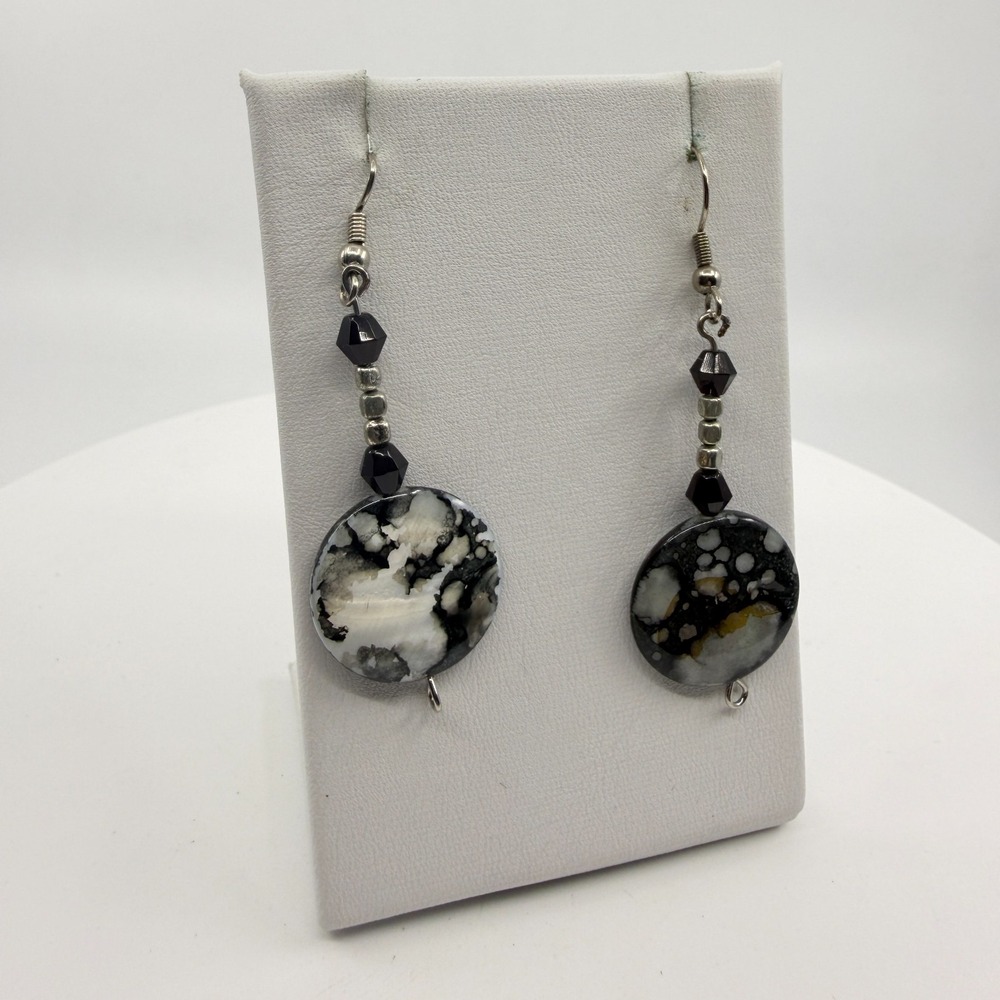 Black White Speckled Stone Dangle Earrings Gothic Boho Statement Jewelry - Picture 3 of 9